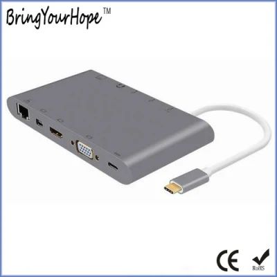 Station d'accueil Type-C vers Hub/HD/VGA/RJ45 avec lecteur de carte SD/TF pour MacBook (XH-HUB-008)